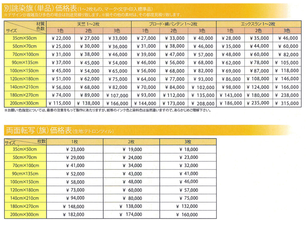 練り旗の価格表